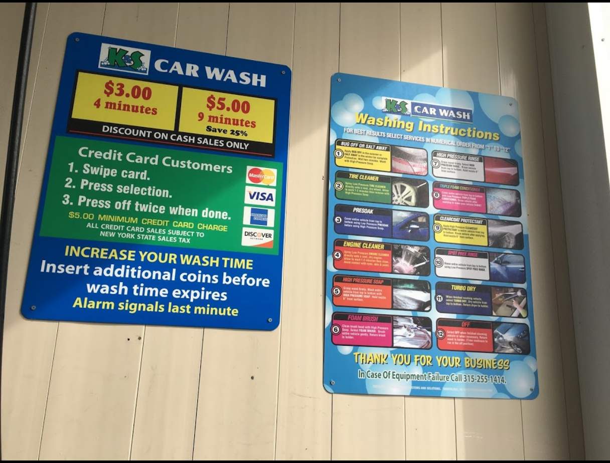 KS Car Wash washing instruction signs